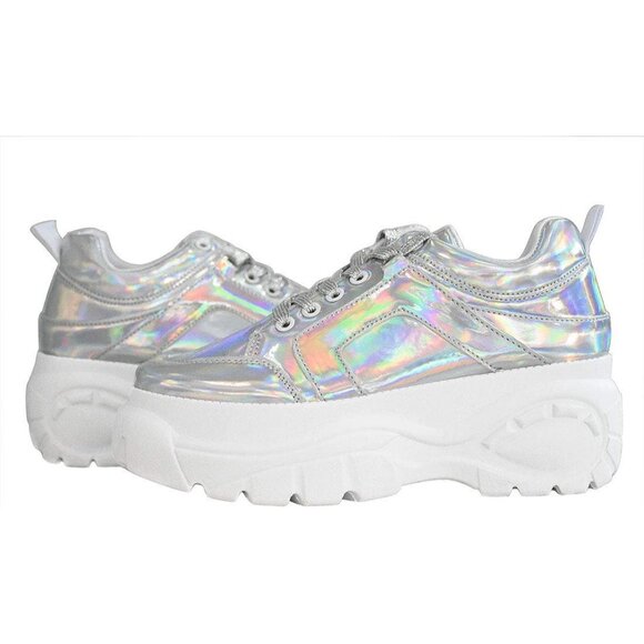 Lucky Step Women's Hologram Silver Platform Dad Casual Lace Up Walking Sneakers - Picture 4 of 9